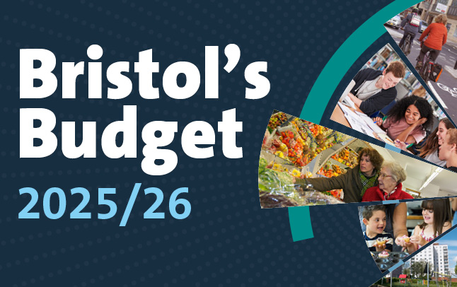 Bristol's Budget 2025/26 and small pictures of people going about their lives in Bristol.