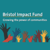 Colourful hands raised against a blue background. The text in the image says Bristol Impact Fund, Growing the power of communities