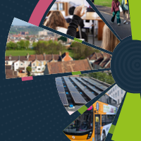 Bristol's budget 2026-27. A fan of images showing trees in a park, children in a classroom, riel view of houses and solar panels on a roof