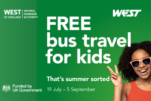 A child wearing sun glasses and making a peace sign with the wording: Free bus travel for kids. That's summer sorted. 19 July to 5 September.