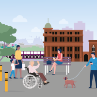 Animation depicting a location South Bristol with the Clifton Suspension Bridge in the background. An adult and child walk along past some bollards, an adult reads on a bench and a dog walker strolls along.