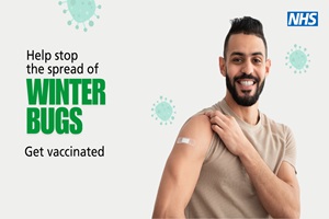 NHS campaign image showing a person with a plaster on their upper arm after vaccination, with the message: Help stop winter bugs get vaccinated.