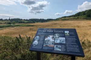 A landscape shot of Stoke Park Estate in the summer, with an information board in the foreground.