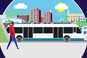 Illustration of a bus against a city backdrop