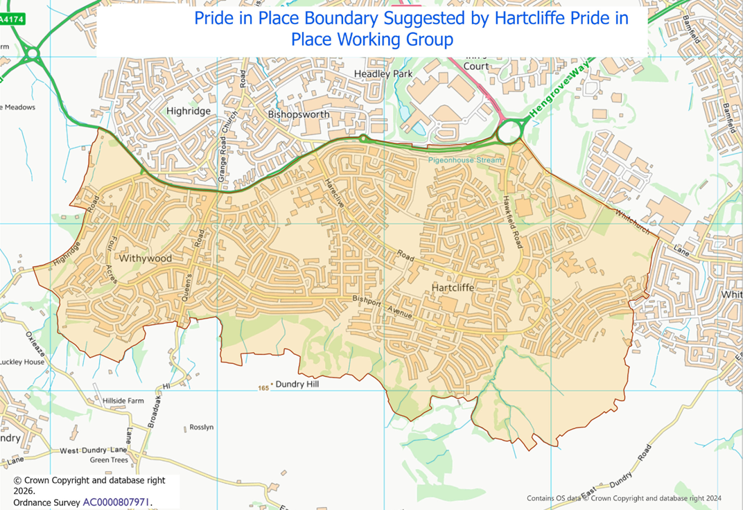 Street map titled ‘Pride in Place Boundary Suggested by Hartcliffe Pride in Place Working Group'.The boundary is shown surrounding most of Hartcliffe and Withywood, extending north into parts of Bishopsworth near Headley Park, following roads near Pigeonhouse Stream and Hengrove Way to the east, and reaching south toward Dundry Hill.