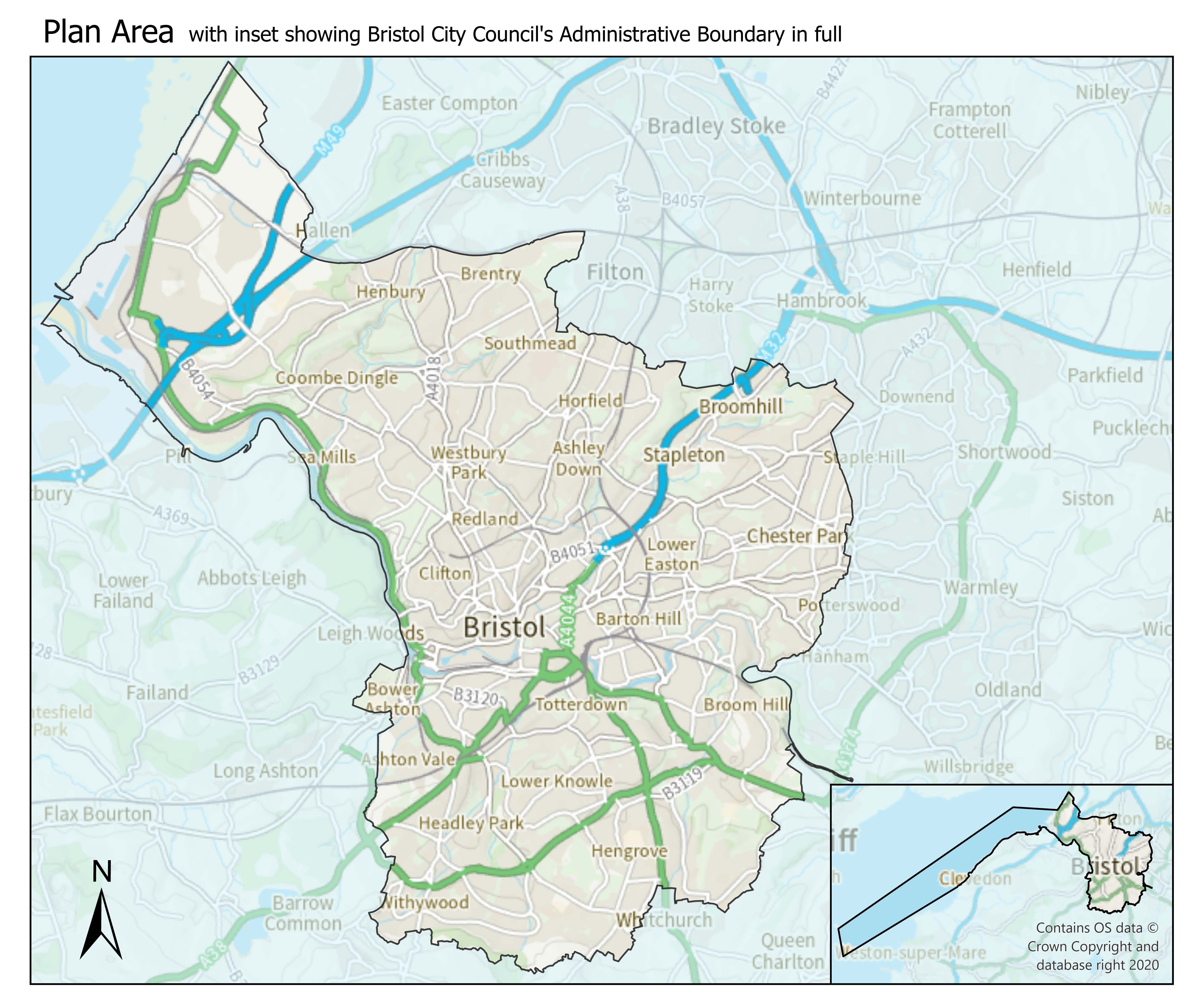 Map showing Bristol City Council's administrative boundary
