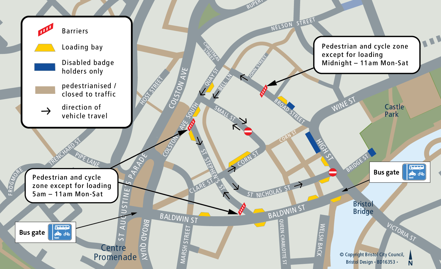 A map to show the Old City including location of barriers, loading bays, disabled parking, roads that are closed to traffic and direction of travel. 