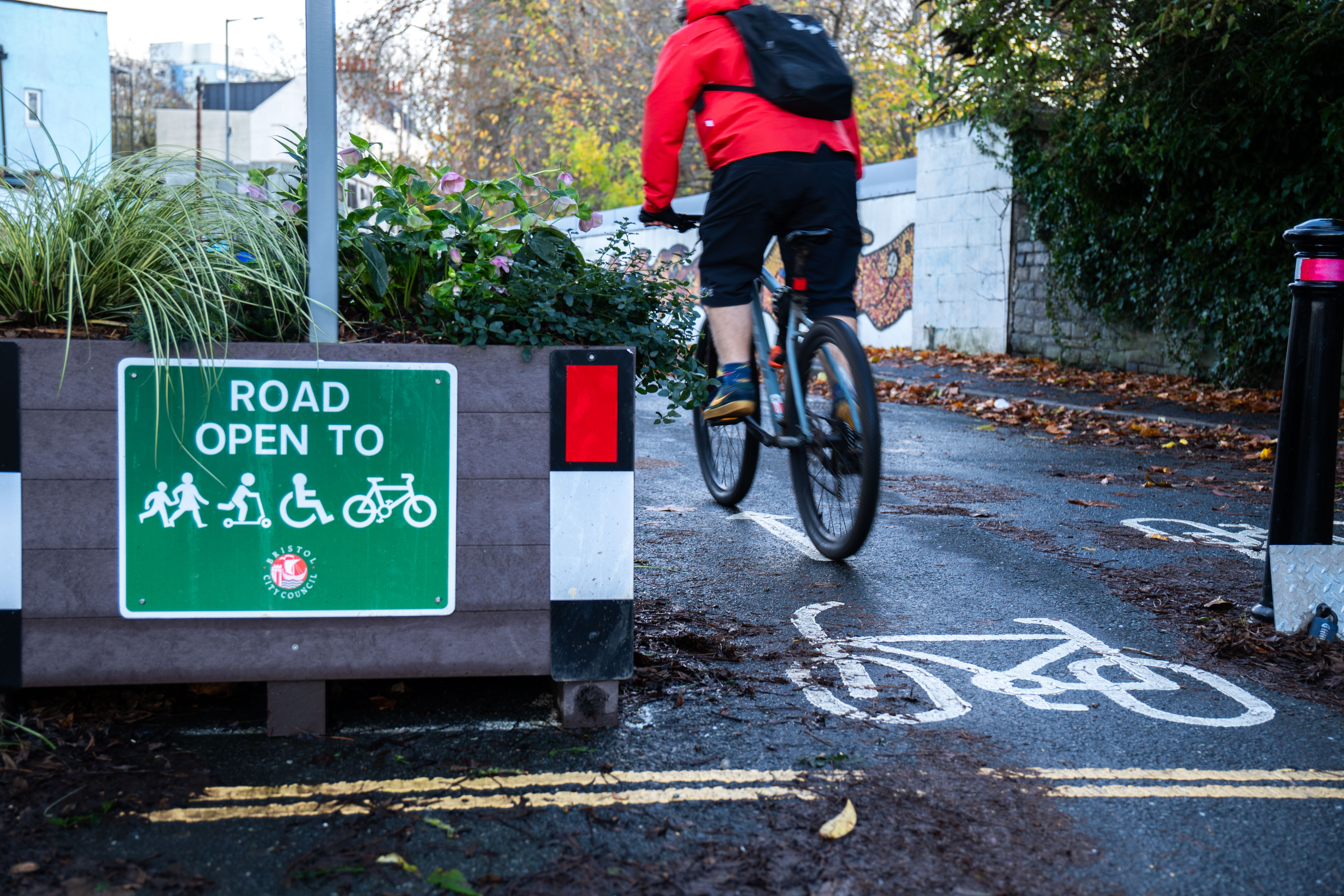 Cyclist using a cycle path within the East Bristol Liveable Neighbourhood