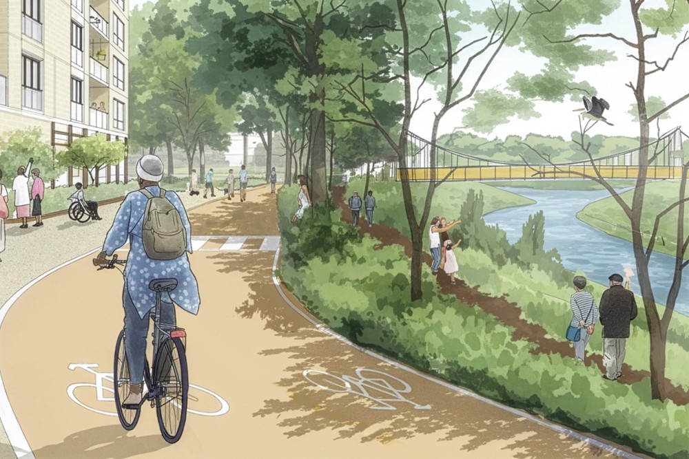 Illustrative drawing of St Philips Marsh, depicting a person cycling beside the river.