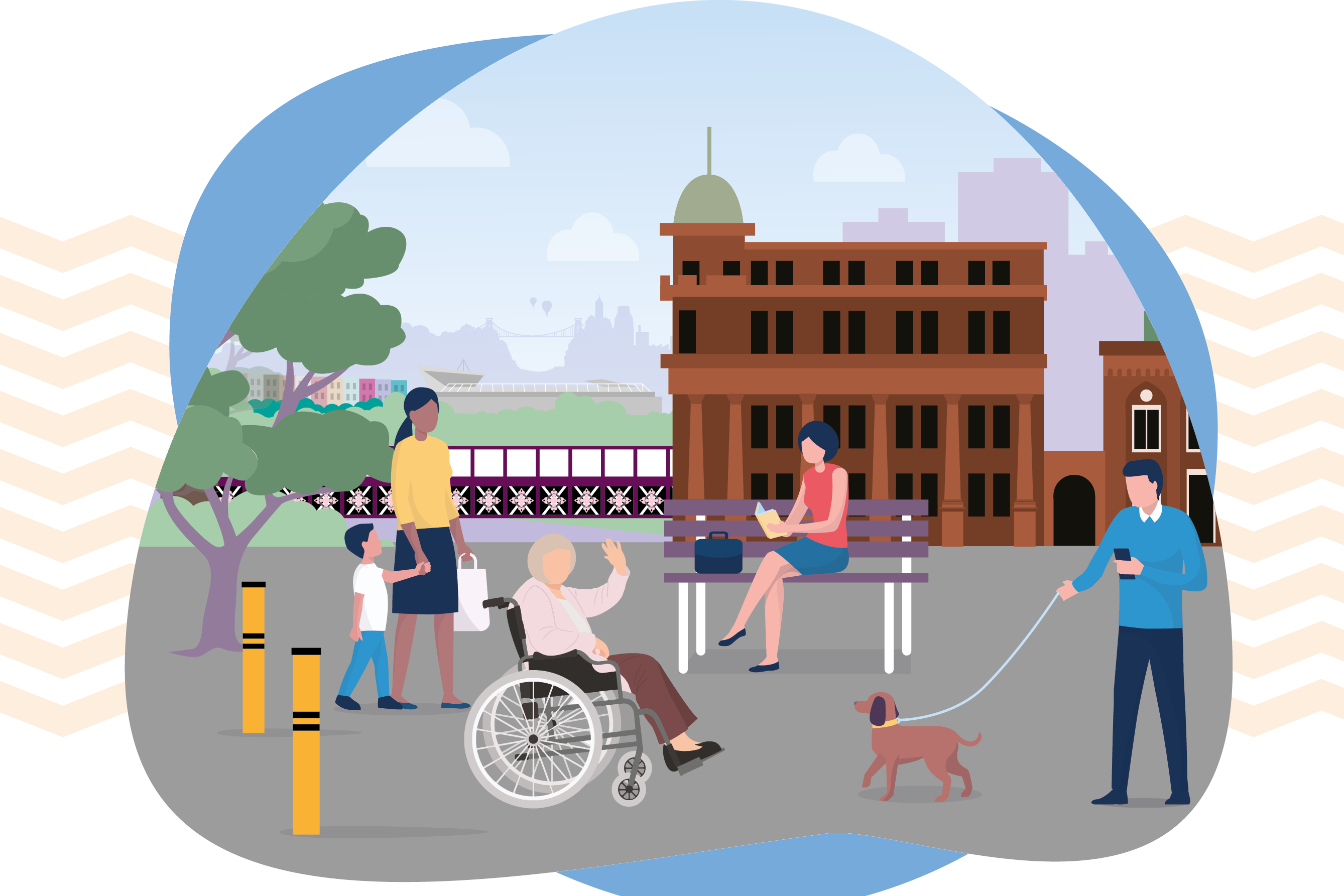 Illustrative cartoon image showing people in the South Bristol Liveable Neighbourhood area