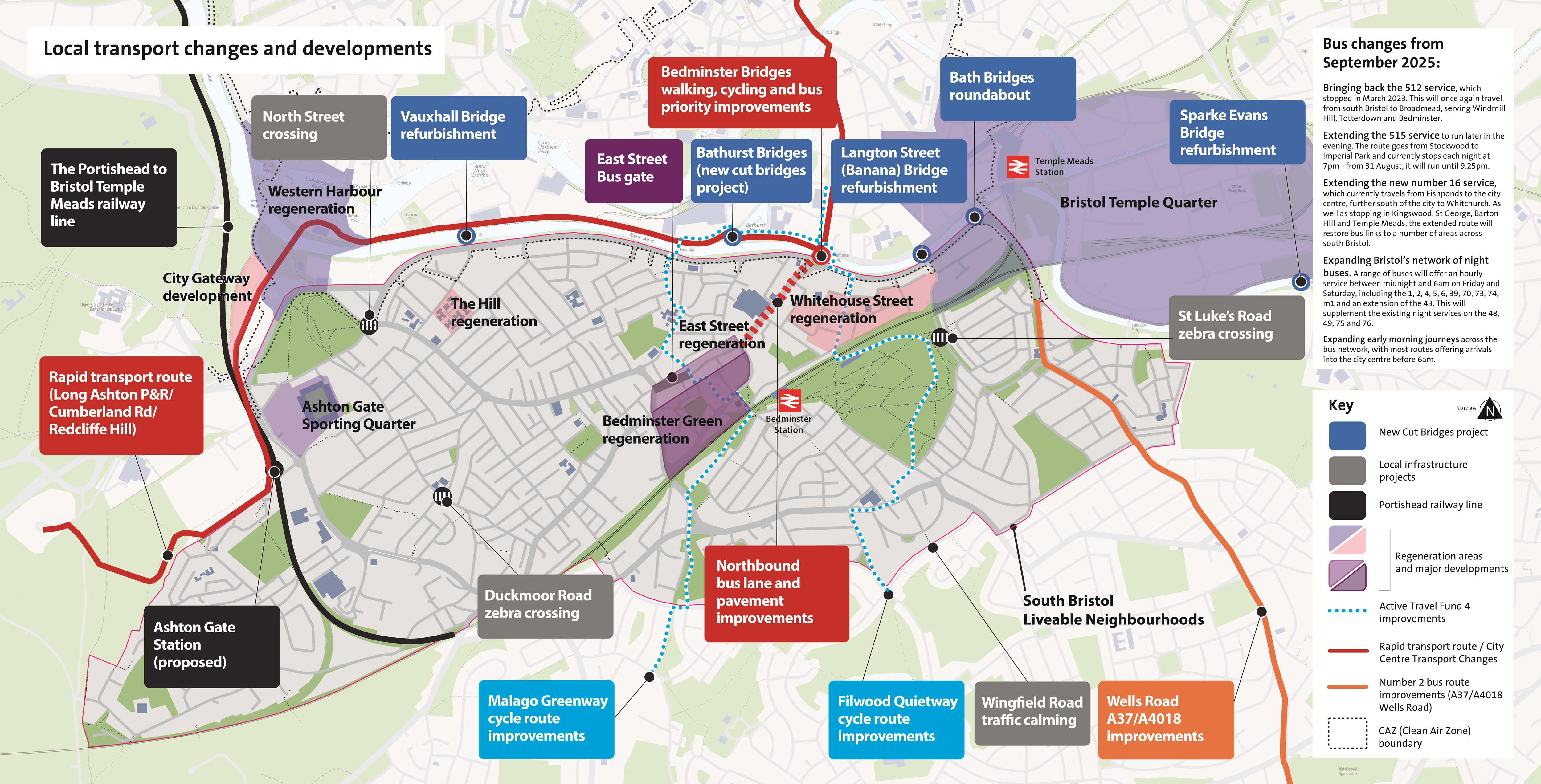 Map showing local transport changes in the South Bristol Liveable Neighbourhoods area. These are described in the text below.