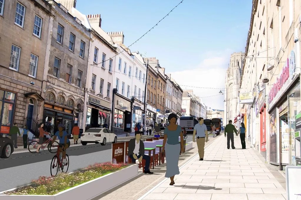 Illustrative image of widened pavements. This is fully described in the text above.