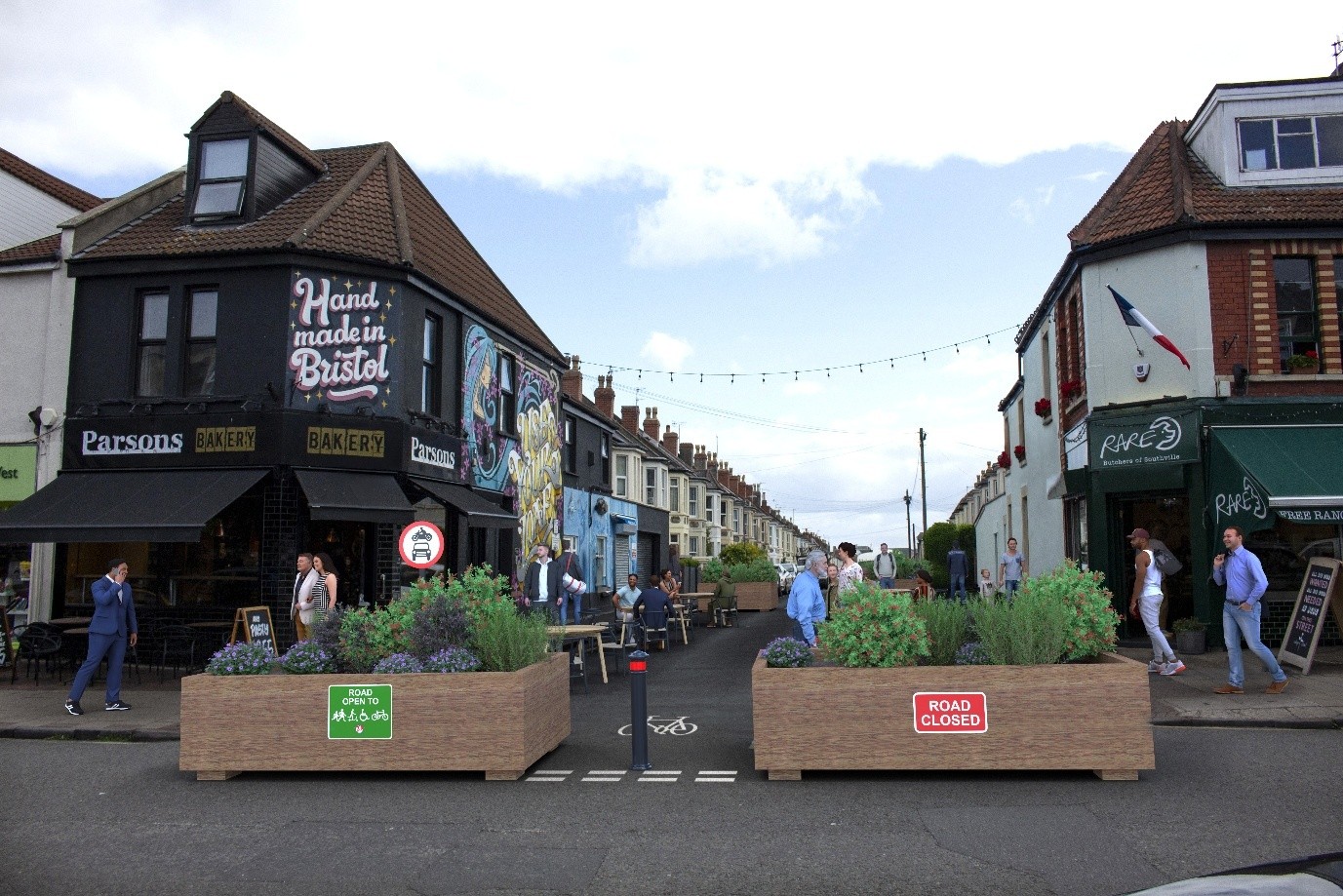 Illustrative image of the proposals for Gathorne Road showing initial changes with temporary materials. This is fully described in the text above.