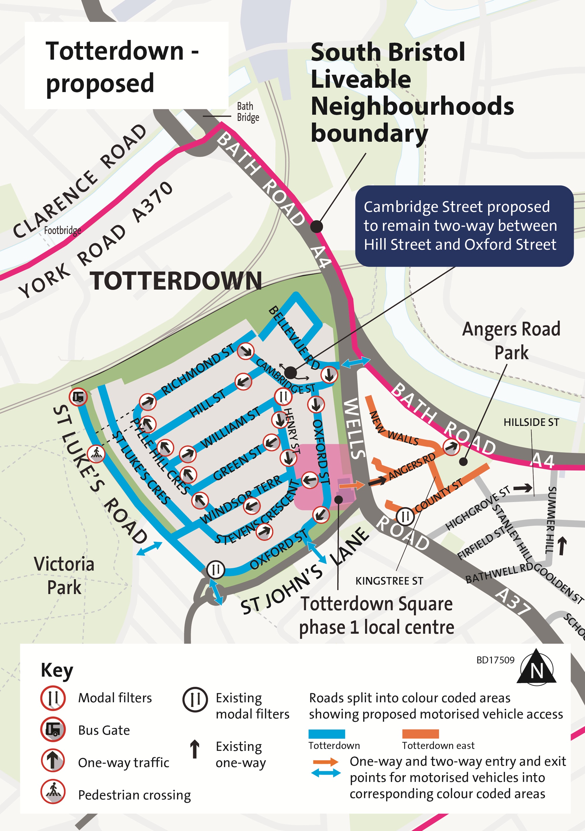 Map showing the proposed traffic layout in Totterdown. This is fully described in the text above and below.