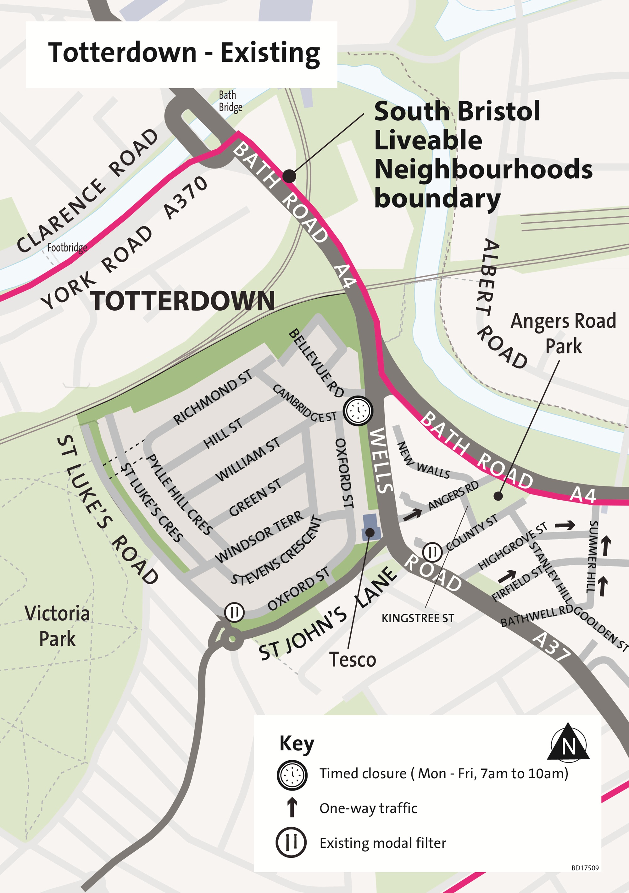 Map showing the existing traffic layout in Totterdown.