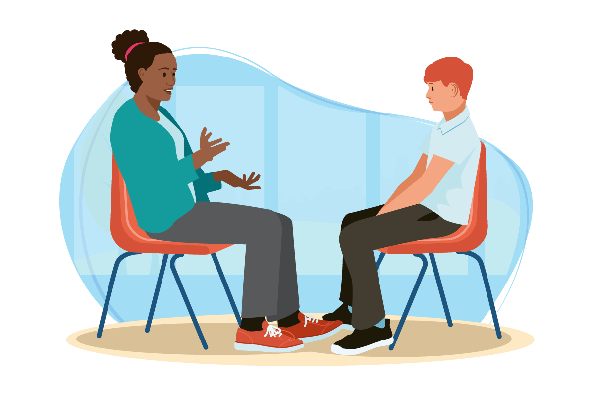 Woman and boy sat on chairs talking