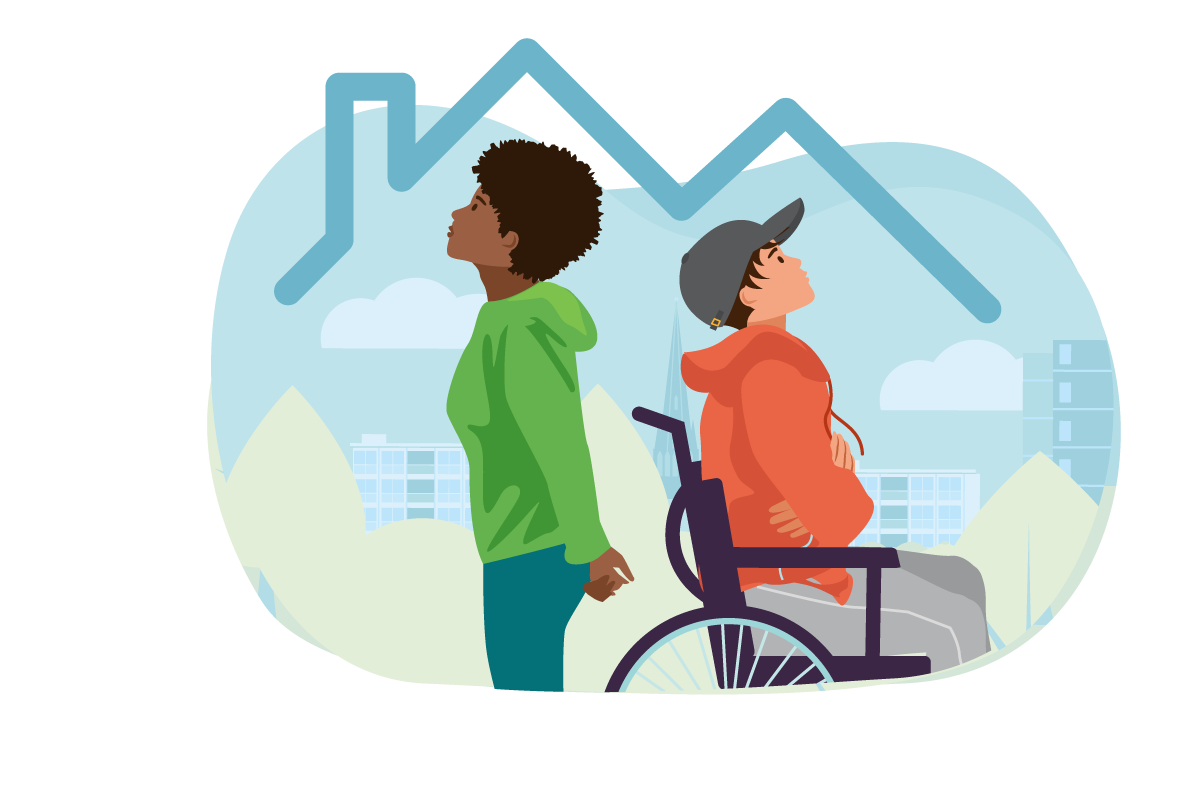 Young woman and young man in wheelchair with house shape overhead