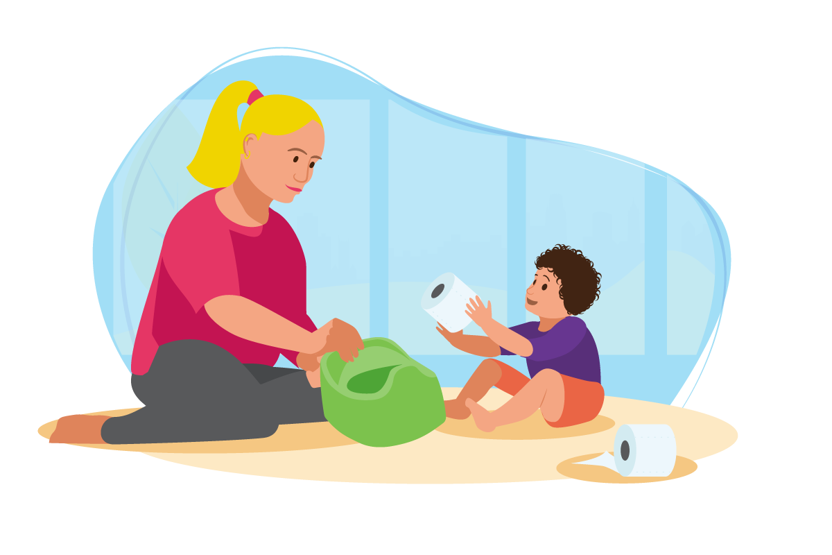 Female parent or carer and child with potty