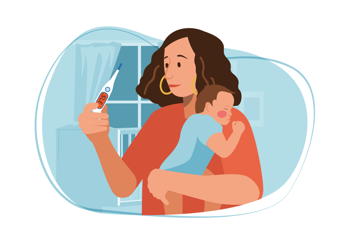 Woman with thermometer taking baby's temperature