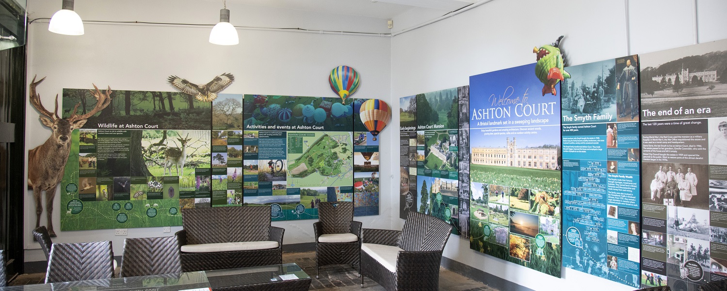 Posters about Ashton Court on walls inside the cafe