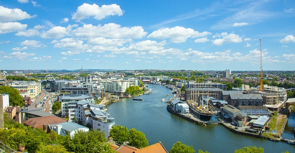 A view of the river in Bristol and surrounding area from above.