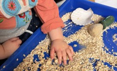 Child with their hands in a tray filled with oats and shells