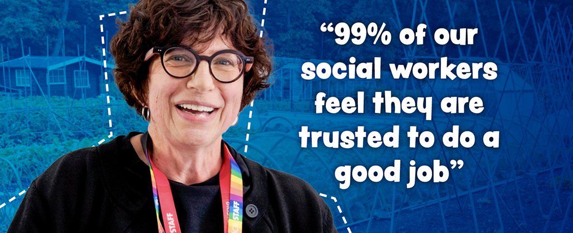 A woman smiling with the quote '99% of our workers feel they are trusted to do a good job'.