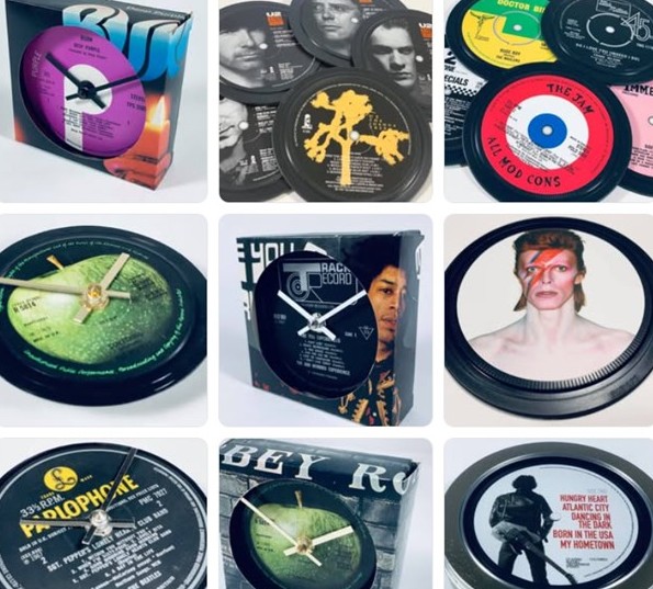 Vinyl records repurposed as clocks and coasters