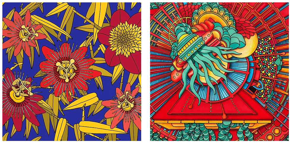 Two colourful prints with mixture of blues, red and yellows