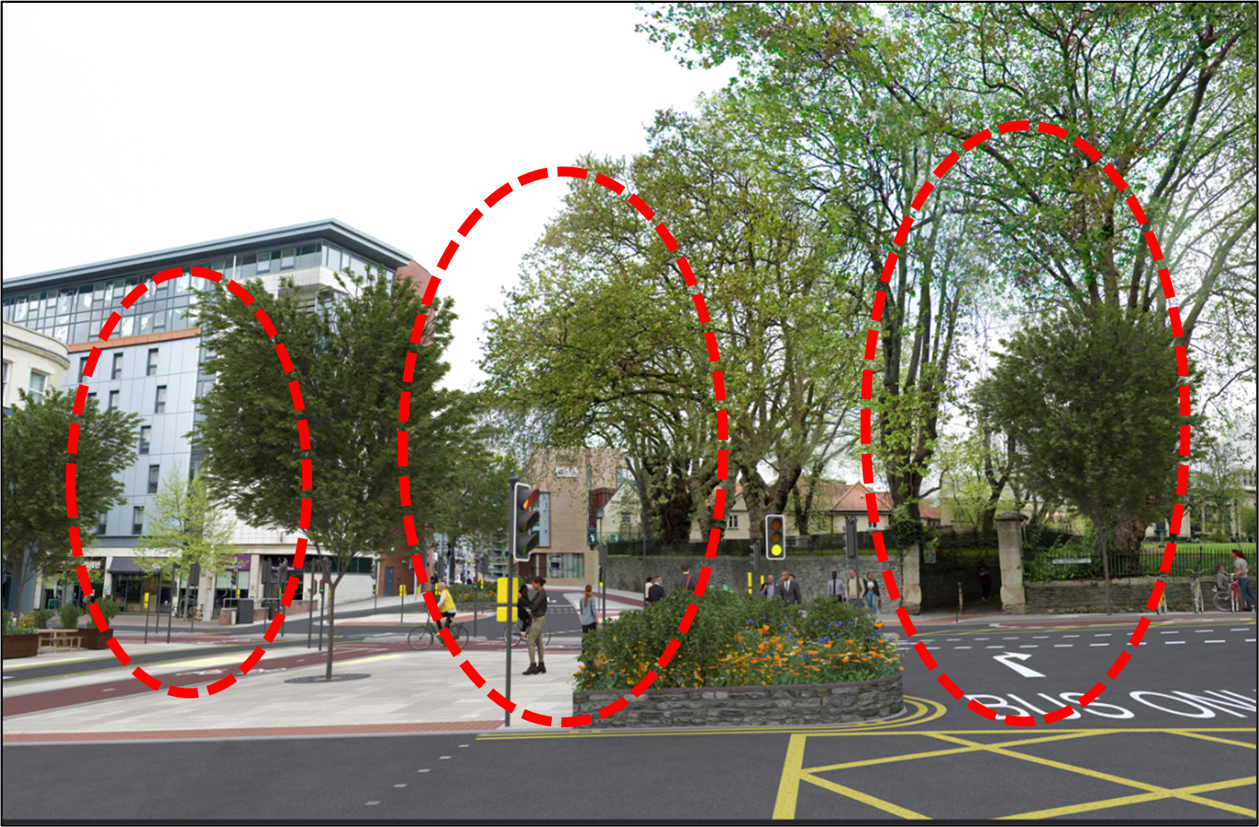 An artist impression of the area and the new road layout, along with the proposed new trees